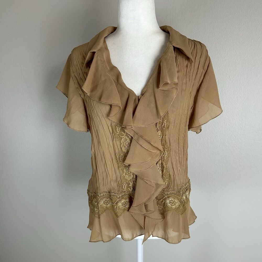 Brown Gold XL Lace Crinkle Ruffle Neck Top Blouse Y2K Vintage Grunge Romantic